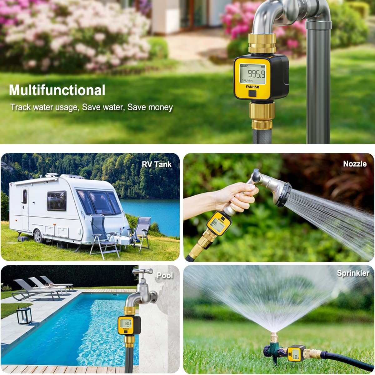 FANHAO Water Flow Meter with Brass Inlet Metal Thread | IPX6 Waterproof, Digital LCD Display