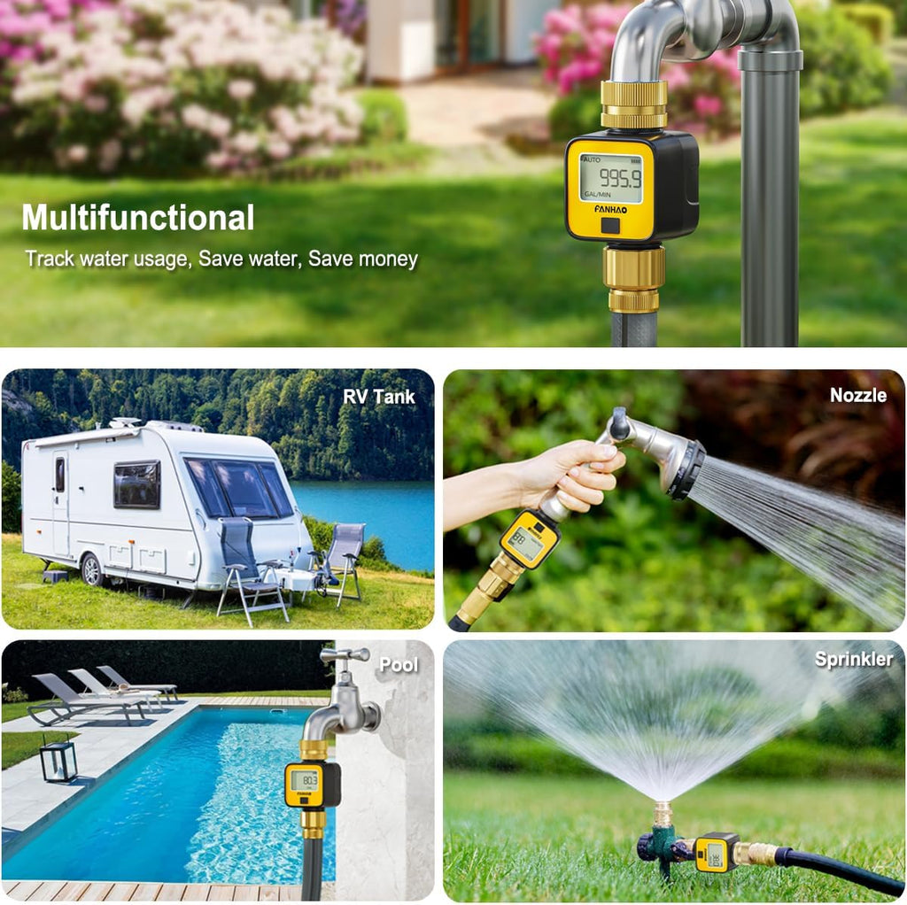 FANHAO 2 Pack Water Flow Meter with Brass Inlet Metal Thread | IPX6 Waterproof, Digital LCD Display