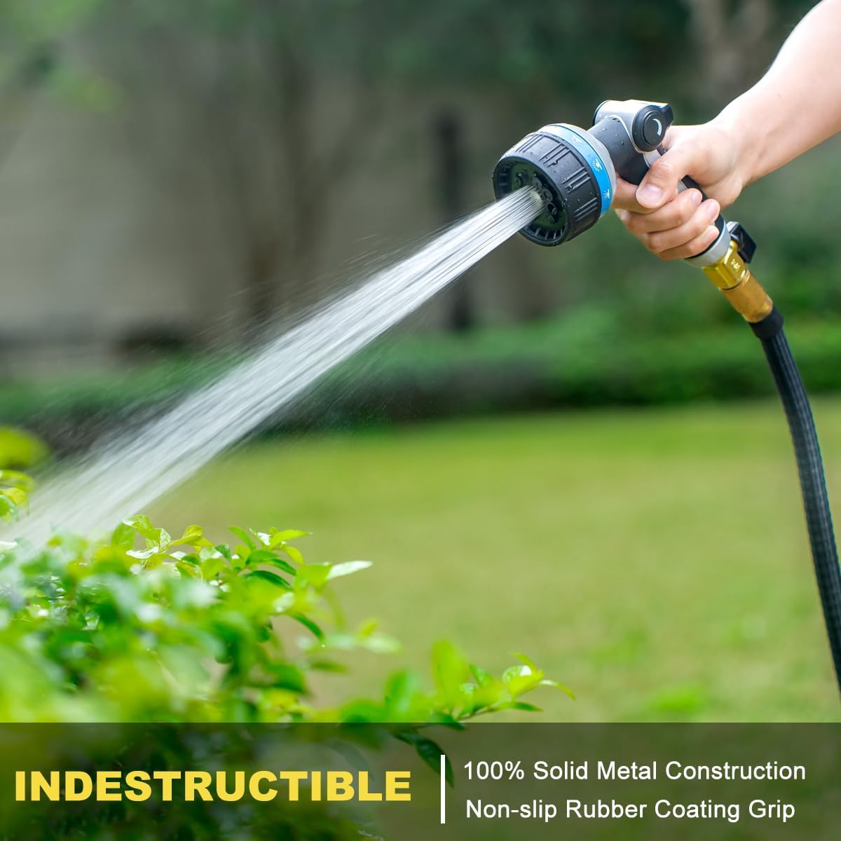 FANHAO Heavy Duty Metal Garden Hose Nozzle – 10 Patterns, Thumb Control, Blue