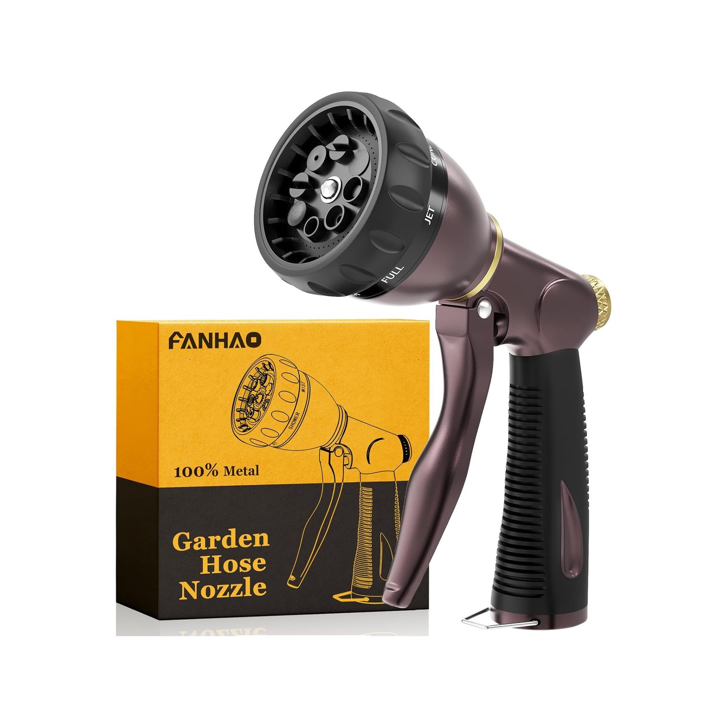 FANHAO Heavy Duty Garden Hose Nozzle, 100% Metal Water Nozzle with 8 Adjustable Spray Patterns-Bronze