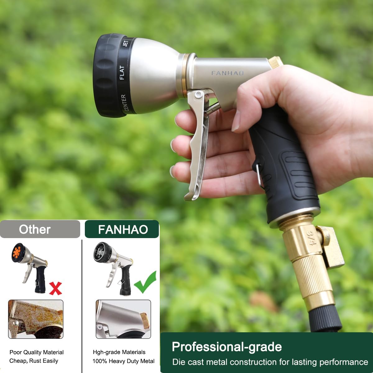 FANHAO Heavy-Duty Metal Hose Nozzle - 7 Spray Patterns, Ergonomic Grip