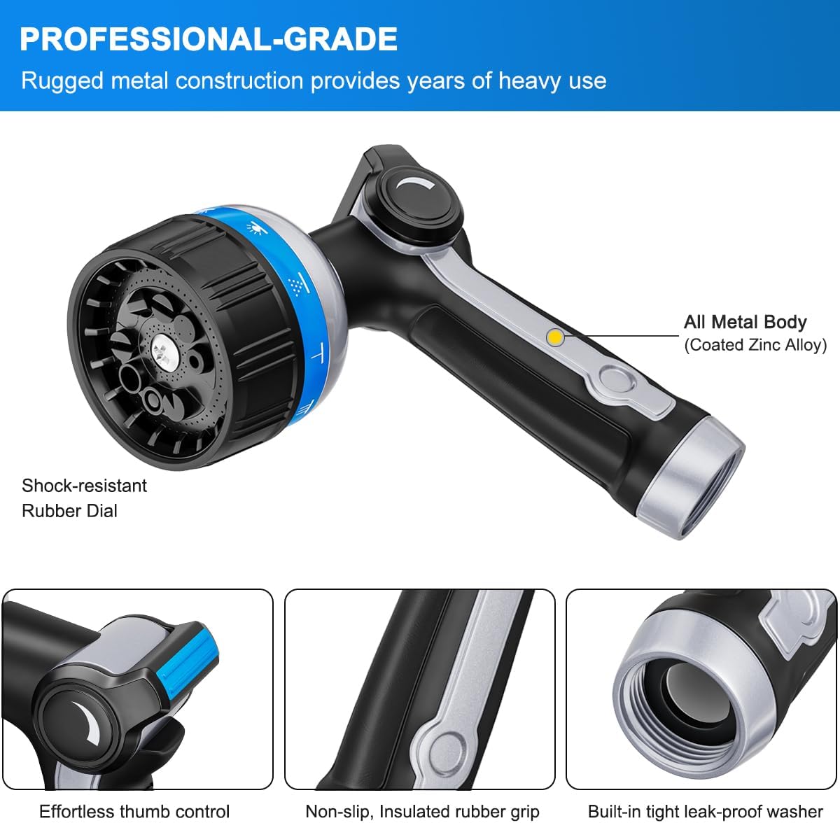 FANHAO Heavy Duty Metal Garden Hose Nozzle – 10 Patterns, Thumb Control, Blue