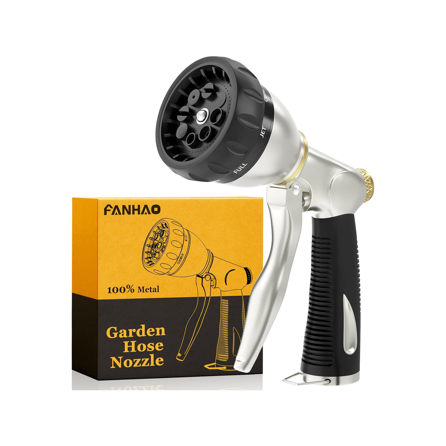 FANHAO Heavy Duty Garden Hose Nozzle, 100% Metal Water Nozzle with 8 Adjustable Spray Patterns-Black