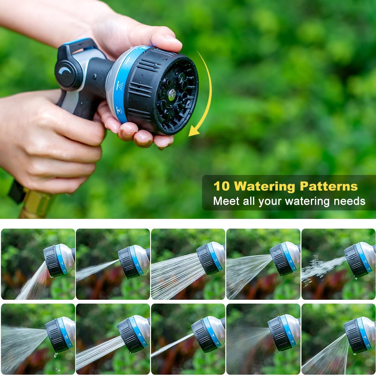FANHAO Heavy Duty Metal Garden Hose Nozzle – 10 Patterns, Thumb Control, Blue