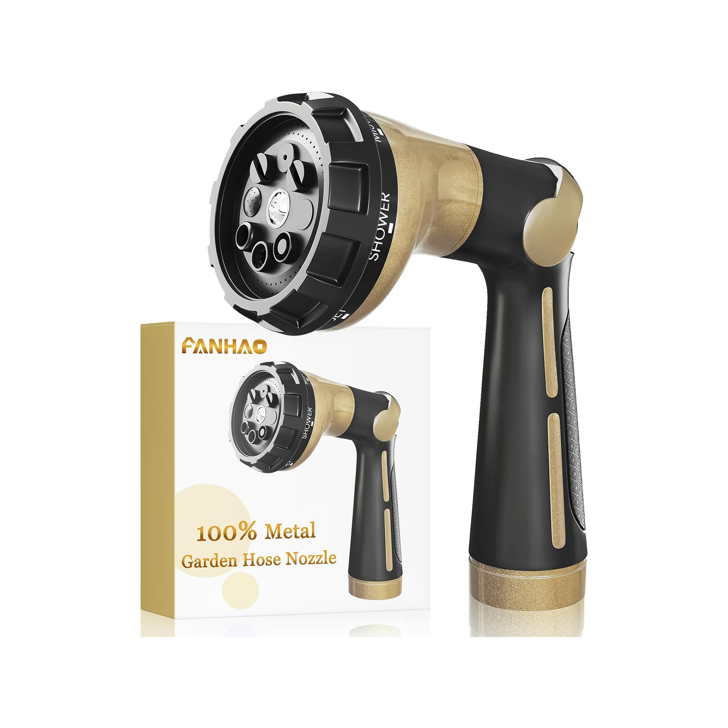 FANHAO Garden Hose Nozzle Heavy Duty,100% Metal Water Hose Sprayer with 8 Spray Patterns-Khaki