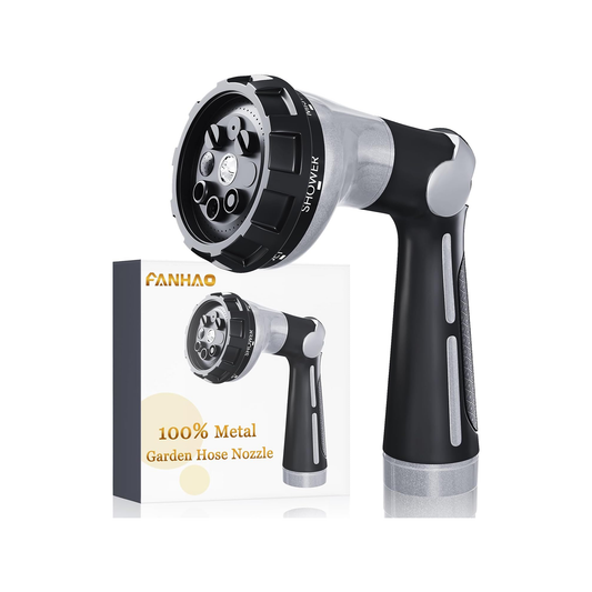 FANHAO Garden Hose Nozzle Heavy Duty,100% Metal Water Hose Sprayer with 8 Spray Patterns-Silver