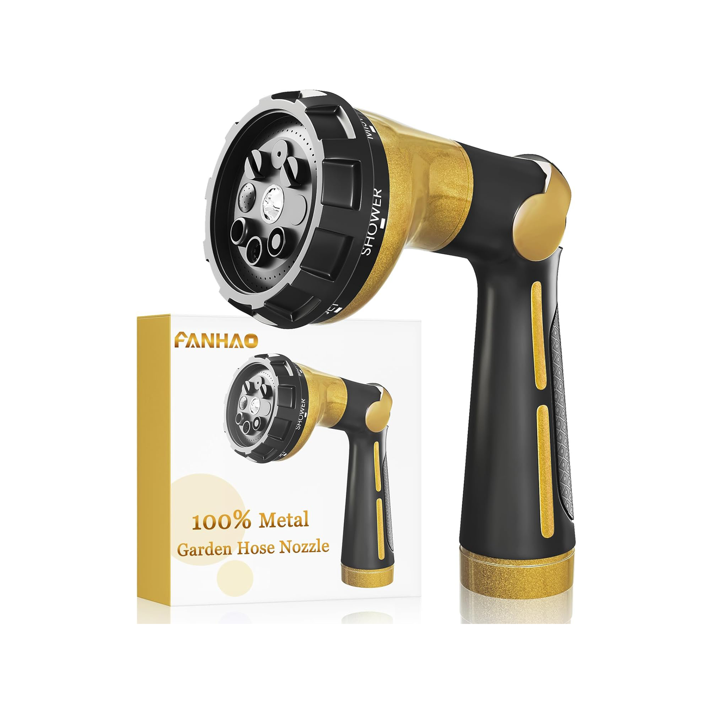 FANHAO Garden Hose Nozzle Heavy Duty,100% Metal Water Hose Sprayer with 8 Spray Patterns-Yellow