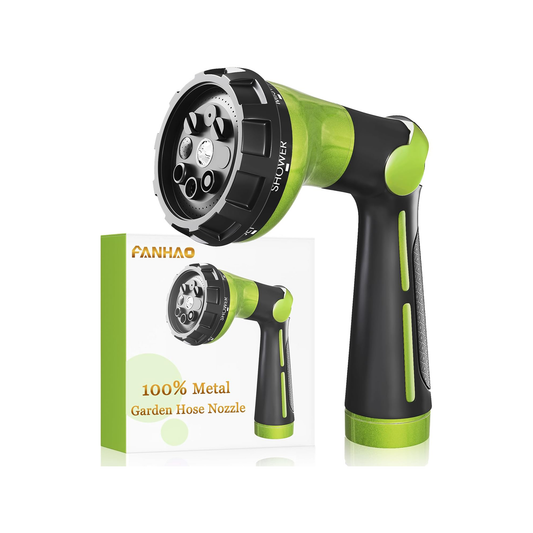 FANHAO Garden Hose Nozzle Heavy Duty,100% Metal Water Hose Sprayer with 8 Spray Patterns-Green