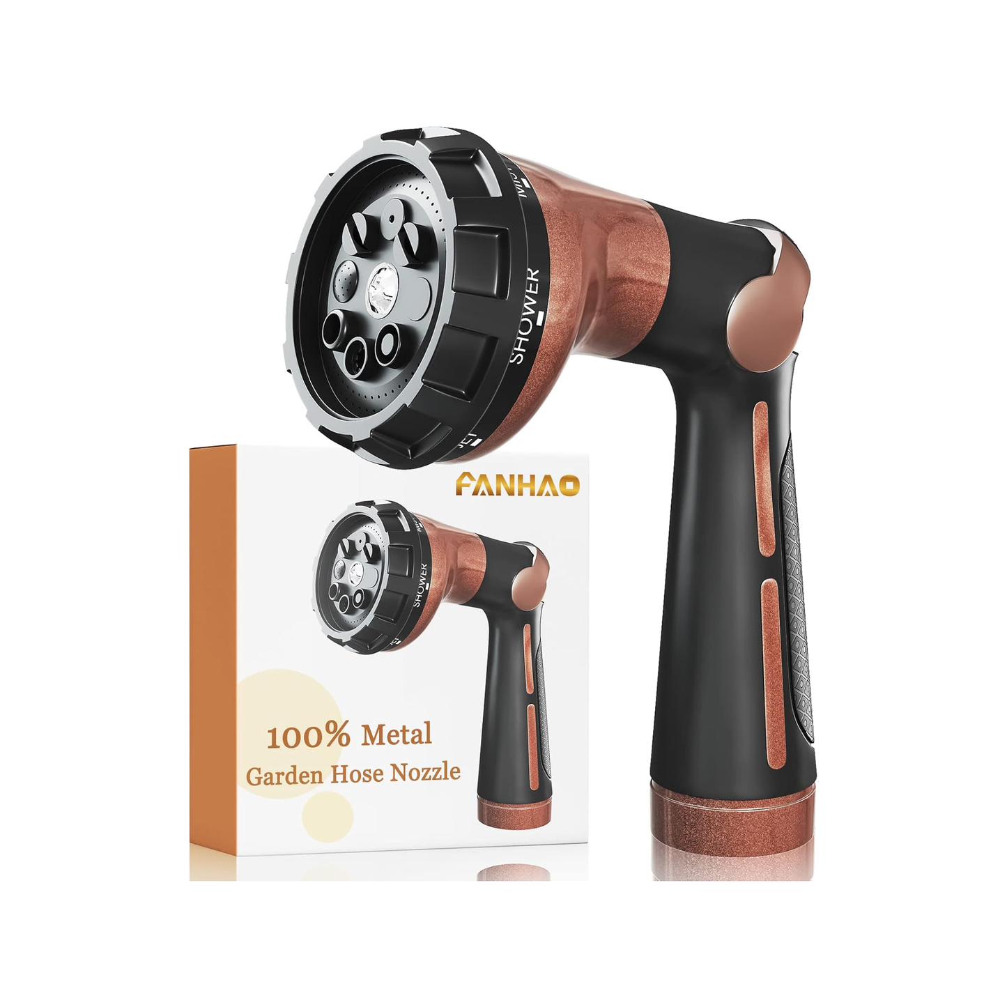 FANHAO Garden Hose Nozzle Heavy Duty, 100% Metal Water Hose Nozzle Sprayer with 8 Spray Patterns