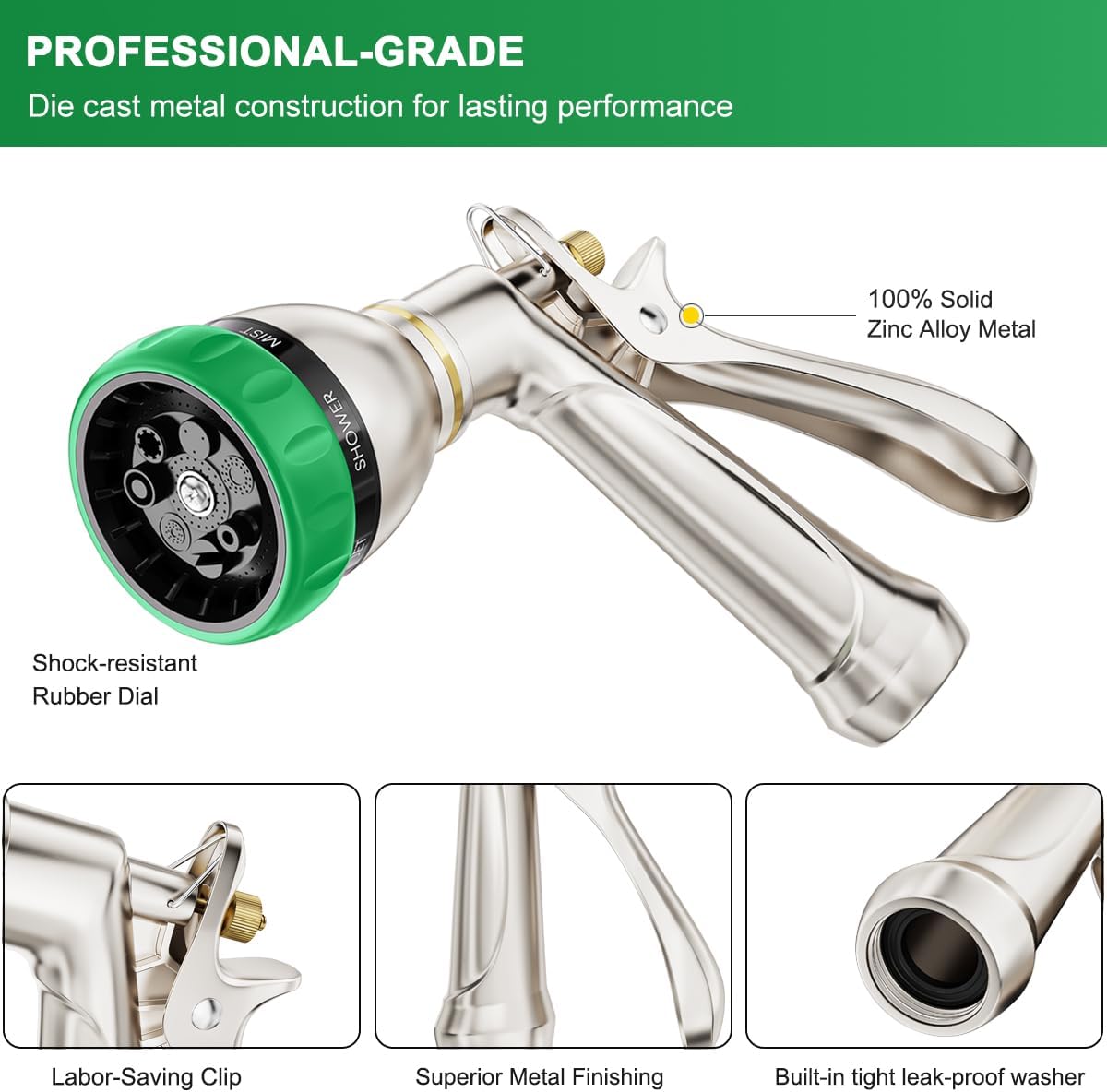 FANHAO Heavy Duty Metal Hose Nozzle - 7-Pattern, Ergonomic Rear Trigger