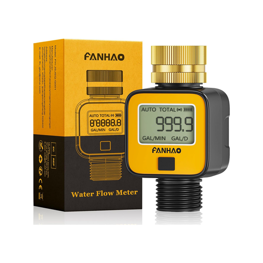 FANHAO Water Flow Meter with Brass Inlet Metal Thread | IPX6 Waterproof, Digital LCD Display