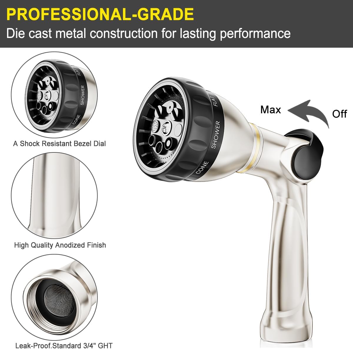 FANHAO Professional Heavy Duty Garden Hose Nozzle – 8 Patterns, Thumb Control