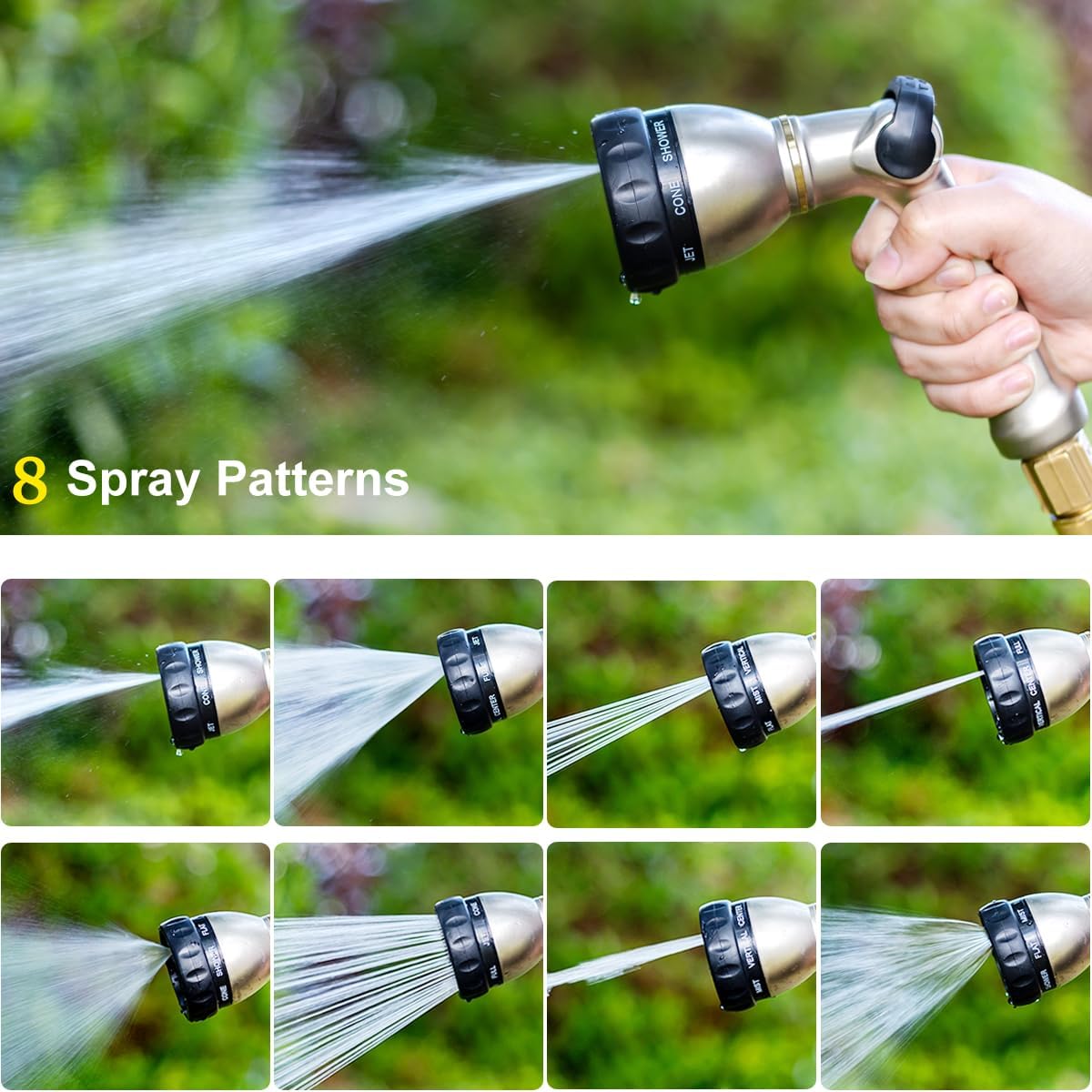 FANHAO Professional Heavy Duty Garden Hose Nozzle – 8 Patterns, Thumb Control