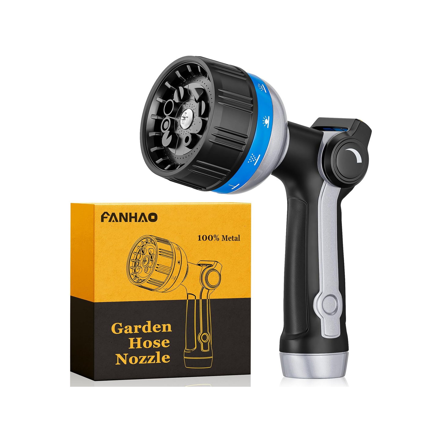 FANHAO Heavy Duty Metal Garden Hose Nozzle – 10 Patterns, Thumb Control, Blue