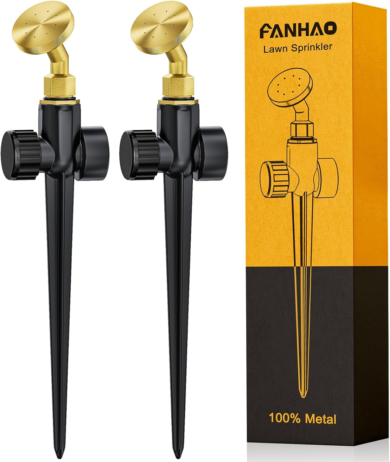FANHAO 2 Pack Metal Lawn Sprinklers – Adjustable Brass Nozzle, Spike Base