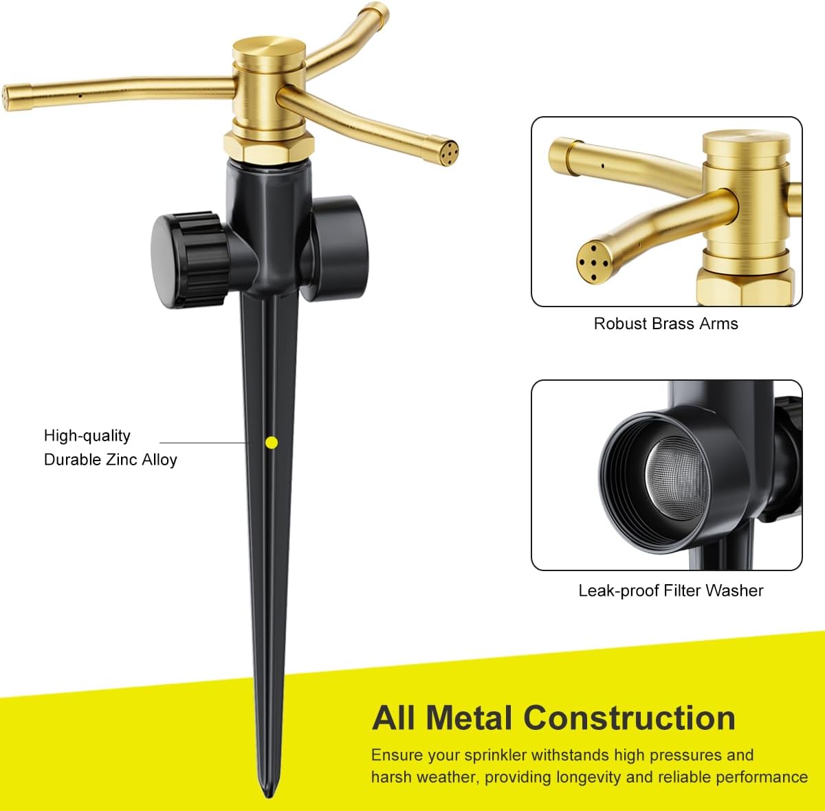 FANHAO 2 Pack 3-Arm Metal Lawn Sprinklers – 360° Auto Rotary