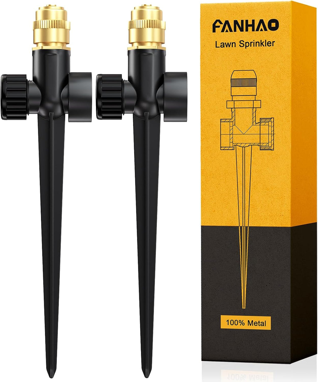 FANHAO 2 Pack Metal Lawn Sprinkler for Yard, Automatic Garden Water Sprinkler on Spike Base-Black