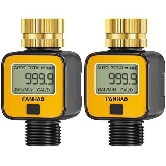 FANHAO 2 Pack Water Flow Meter with Brass Inlet Metal Thread | IPX6 Waterproof, Digital LCD Display